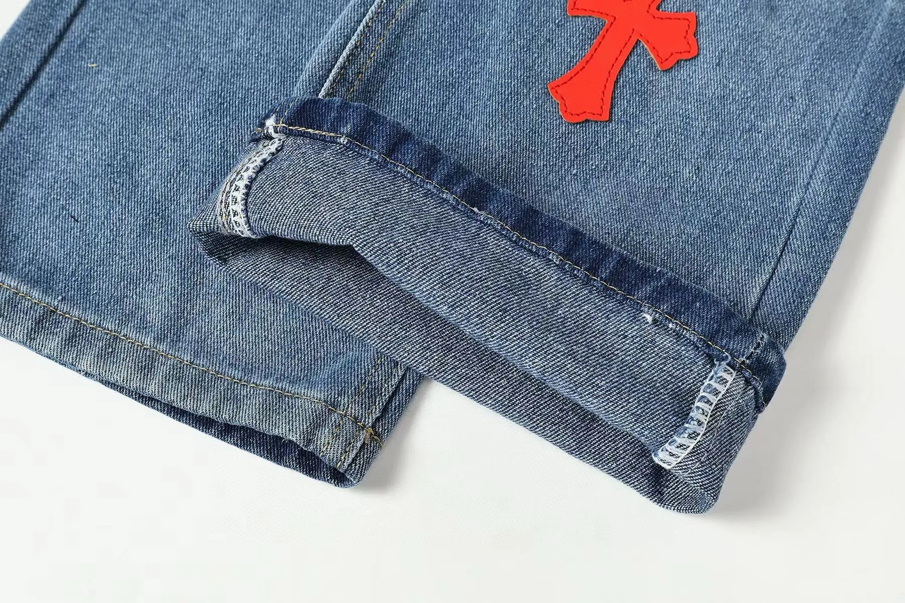 P270 Chrome Hearts/Chrome Hearts Classic Color Leather Cross Washed Color Fabric Unisex Denim Trousers Color: Picture Color Code Number: 28-36